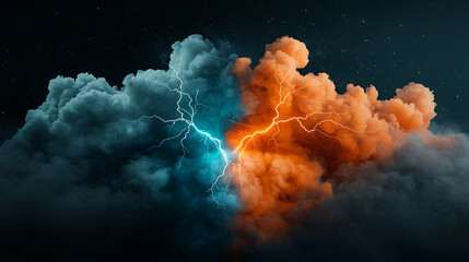 Poster - Intense lightning storm visualization digital art atmospheric environment dramatic viewpoint colorful contrast of clouds and lightning strikes