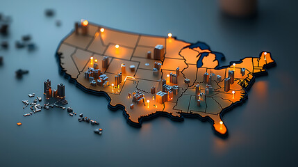 Poster - Illuminated industrial map of the united states urban insights digital representation modern environment aerial view urban development and connectivity