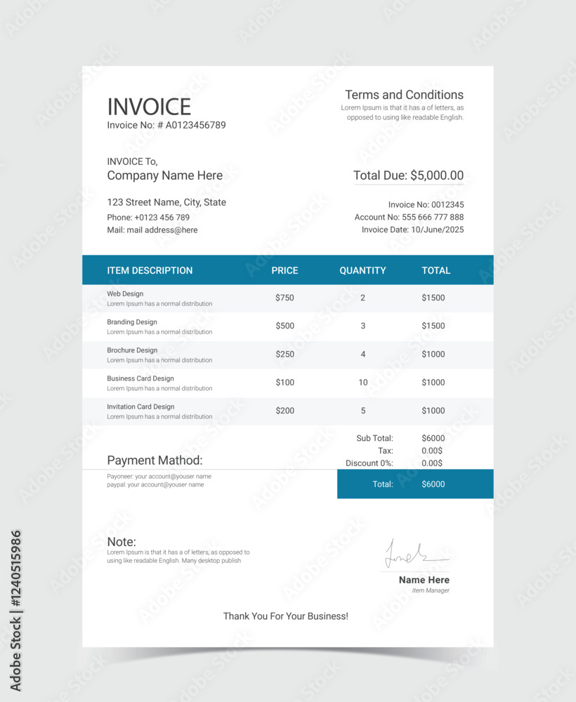 Minimal Invoice template design. Professional payment agreement layout ...