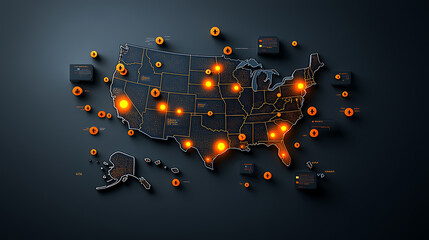 Poster - Illuminated economic hotspots map of the usa geographical visualization modern digital art dark background aerial view economic insights