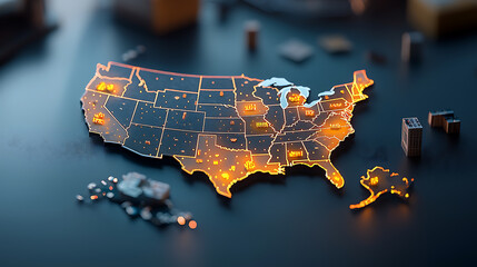 Poster - Luminous us map with glowing lights digital art modern environment high-tech viewpoint illuminated representation of states