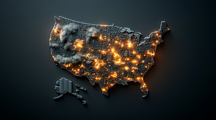 Poster - Illuminated map of the united states urban nightscape visualization digital artwork modern environment aerial view geographic concept for seo impact