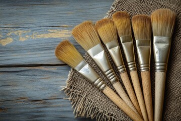 Poster - Crafting tools arranged on burlap showcase various paintbrushes ready for artistic projects