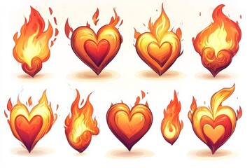 Poster - Colorful hearts on fire display various flame designs for artistic expression and creativity