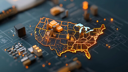 Poster - Illuminated map of the united states highlighting key locations digital visualization technology environment aerial view geographic insights