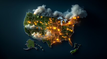 Poster - Glowing lights map of the us visualizing prominent locations digital art dark background aerial perspective illuminated insights