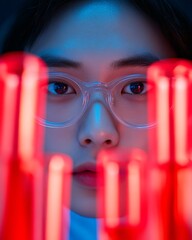 Poster - Futuristic Science Lab Aesthetic Young Innovator Amidst Neon Test Tubes and Advanced Microscopes Modern STEM Education and Research Branding