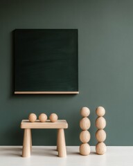 Aufkleber - Minimalist STEM Chalkboard Display Geometric Wooden Shapes and Textured Desk for Analytical Skills in Contemporary Educational Spaces and Design Innovation