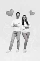 Poster - Vertical collage image of two positive cheerful partners crossed arms painted hearts isolated on divided background