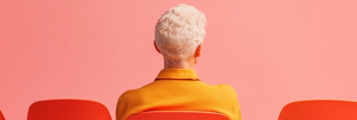 Aufkleber - Vibrant Collaborative Workspace Senior Woman in Yellow with Modern Haircut - Bold Office Design and Intergenerational Creativity for Dynamic Business Environments