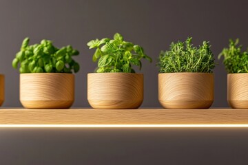 Poster - Contemporary Urban Agriculture Wooden Smart Planters with Herbs in Modern Kitchen - Indoor Horticulture for Real Estate and Sustainability Trends