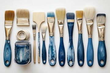 Poster - Various paintbrushes and tools arranged neatly in a row with a paint can on a clean surface