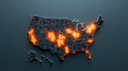 Poster - Radiant zones mapping of the us visualizing illuminated areas on a detailed geographic map urban environment aerial view data visualization concept