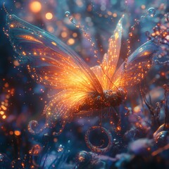 Poster - Ethereal creature of light with shimmering tendrils and large wings floats through a fantastical world of vibrant inkblot bubbles spiral trees and colorful neon lights creating a dreamy atmosphere