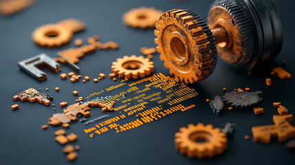 Poster - Mechanical decay of rusty gears in industrial workshop close-up photography dark environment artistic perspective exploring obsolescence