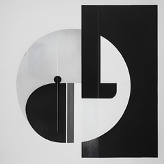 Poster - Geometric Harmony: A sophisticated abstract composition of interlocking shapes and forms in a stark palette of black, grey, and white, with subtle lines.