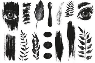 Aufkleber - Artistic collage featuring eyes, leaves, and brushstrokes with a monochrome color palette in a creative design layout