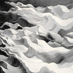 Poster - Fluid Dynamics: An artistic monochrome representation of dynamic waves in motion, with soft, flowing lines and contrasting shades creating depth and texture.