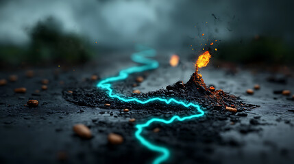 Poster - Electric veins erupting from a volcanic landscape dark environment fantasy imagery artistic viewpoint visual concept