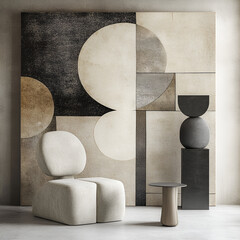 Poster - Geometric Interior Design: A modern interior space, featuring abstract geometric artwork, a stylish armchair, and a side table, creating a harmonious and artistic setting.
