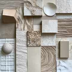 Poster - Texture Mosaic: An eye-level, high-angle arrangement of various geometric forms, squares and oblongs with distinct textures and shades of beige, brown, and off-white.