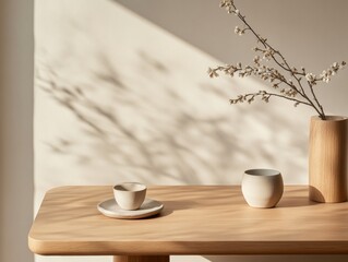 Poster - Minimalist Wooden Table Setting with Ceramic Cups and Natural Decor Elegant Interior Design and Sustainable Home Decor Marketing