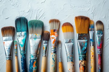 Poster - Artists tools arranged in a neat row showcasing colorful paint on brushes against a textured background