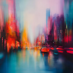 Poster - City Lights Abstract: An impressionistic artwork capturing the vibrant energy of a bustling cityscape illuminated by a symphony of colorful lights. The artwork is dominated by a blend of vivid reds.