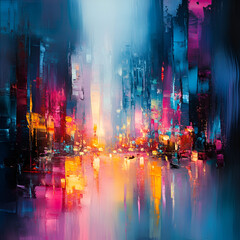 Poster - Vibrant Cityscape: Abstract artwork capturing the energy of a city at night, illuminated by neon lights reflected on wet pavement, creating a vivid and dreamlike ambiance.