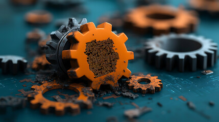 Poster - Decaying machinery and outmoded programming code industrial workshop image grimy environment close-up viewpoint concept of obsolescence