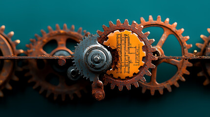 Poster - Decaying machinery gears abandoned factory macro photography industrial environment close-up view exploring outmoded programming code