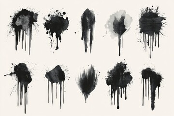 Aufkleber - Black ink splashes create abstract art with varying shapes and textures on a light background