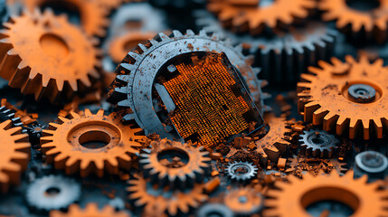 Poster - Decaying mechanical gears and outmoded code industrial setting high-resolution image macro view technology and obsolescence concept