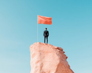 Poster - Minimalist Adventure Businessman on Rugged Cliff with Red Flag Against Sky - Leadership and Confidence Imagery for Modern Entrepreneurship and Inspirational Content Creation