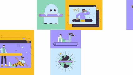 Poster - World wide web search bento grid animation. Surfing online. Website seo. Multinational people browsing internet collage motion 4K video web design. Animated cartoon characters collection mood board