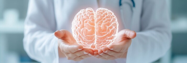 Aufkleber - Neon Sci-Fi Visualization Doctor in White Coat Holding Holographic Brain - Innovative Healthcare Imagery for Digital Health Solutions and Professional Medical Branding