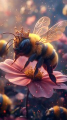 Poster - Exuberant bee with a yellow and black striped body stands proudly on a flower petal singing into a glittering microphone while other crowned bees harmonize around it radiating celebration and warmth