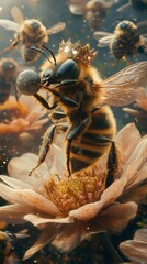 Poster - Exuberant bee with a yellow and black striped body stands proudly on a flower petal singing into a glittering microphone while other crowned bees harmonize around it radiating celebration and warmth