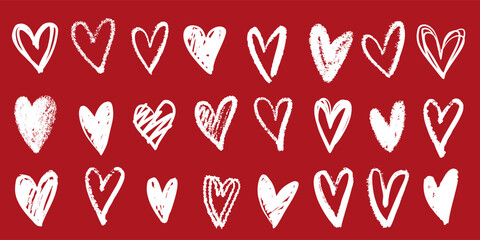 Crayon red white chalk hand drawn heart love scribble ink marker doodles collection. Valentine's Day romantic elements.