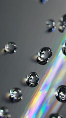 Poster - Delicate water droplets on a reflective surface scattering multicolored rays in a softly lit space.