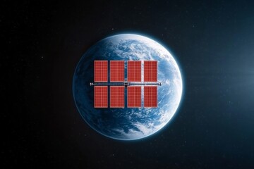 Poster - Futuristic Global Communications Satellite with Solar Panels Orbiting Earth - Cutting-edge Telecommunication for Enhanced Global Connectivity and Modern Space Tech Applications