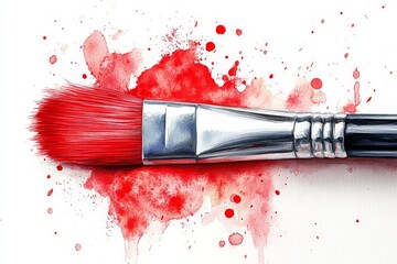 Aufkleber - Vibrant red paintbrush resting on a splattered canvas of color in an artistic workspace