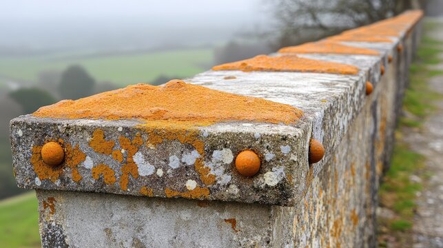 Drill holes marked on a concrete post for attaching wrought iron brackets.