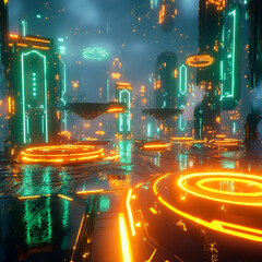 Fototapete - Future City: A vibrant, futuristic city with glowing neon lights. Reflective surfaces mirror the urban landscape.