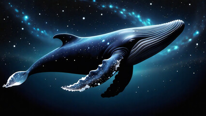 Surreal whale swimming in a celestial ocean.