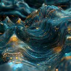 Poster - Abstract Ocean Waves: A mesmerizing artistic rendering of ocean waves, with their undulating forms illuminated by shimmering, golden particles. It's a blend of art and nature.