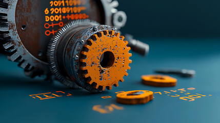 Poster - Rusting machinery mixed with outdated code symbolizing technological decay industrial setting digital art close-up view conceptual reflection