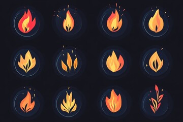 Aufkleber - Collection of vibrant flame icons featuring various flame styles and colors on a dark background