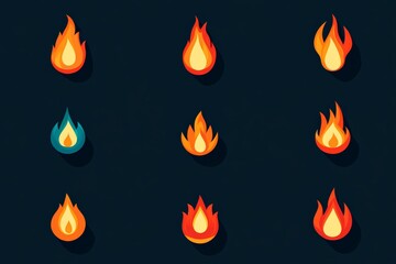 Aufkleber - Colorful fire icon collection with various shapes and designs on a dark background