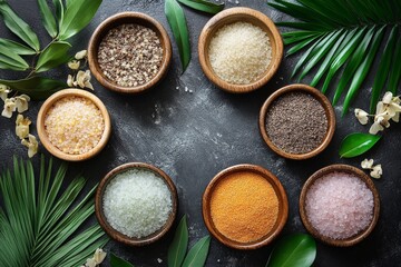 Aufkleber - Variety of colorful salts arranged in wooden bowls surrounded by tropical leaves and flowers on a dark surface